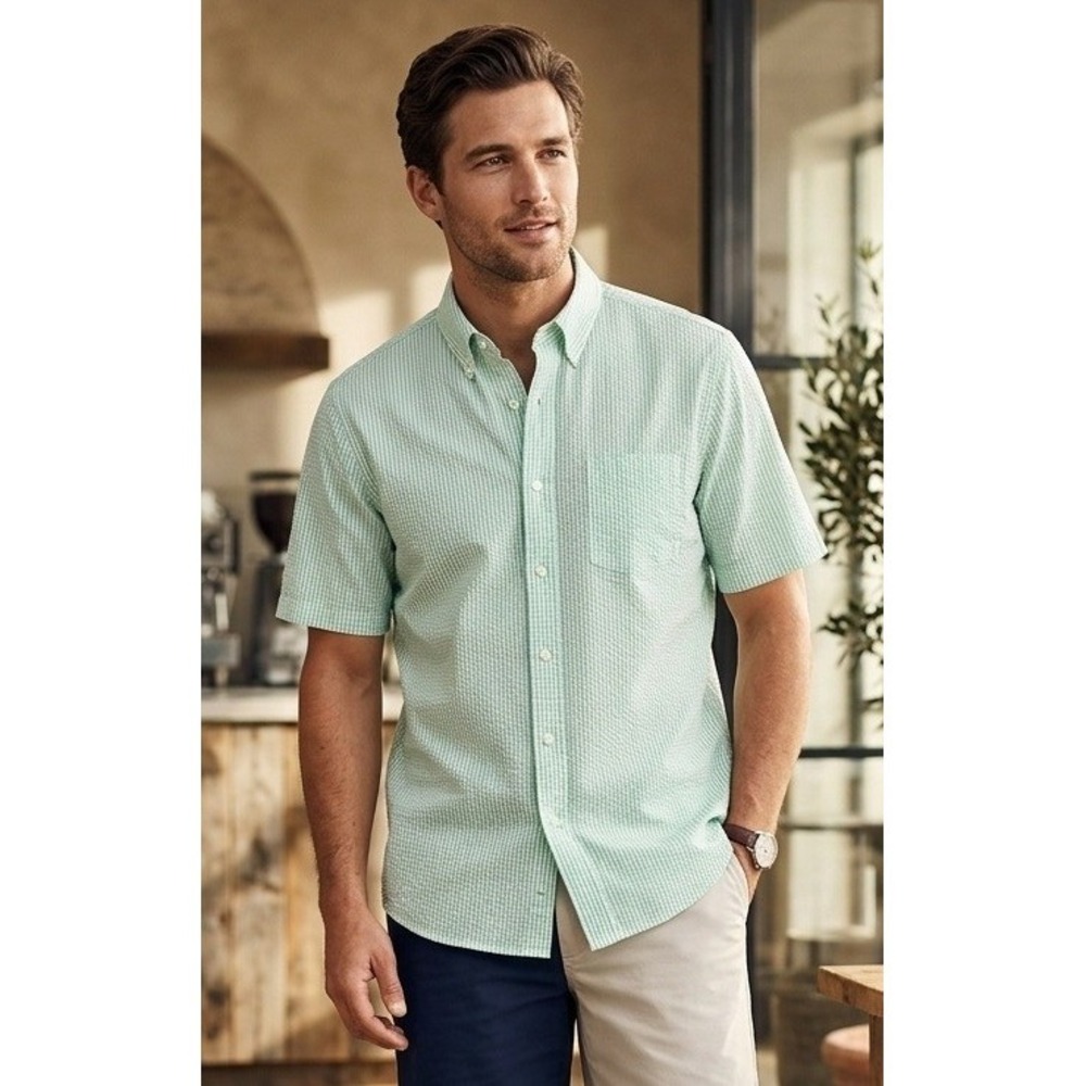 Lands End Seersucker Striped Short Sleeve Button Down Shirt Men's XL Coastal